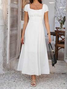 Women's Elegant Square Neck Maxi Dress, Puff Short Sleeve Tie Front A-Line Long Dress, High Waist Corset Detail Flowy Swing Dress, Casual Chic Evening Party Cocktail Dress, Summer Vacation - 白色 - 查看 7