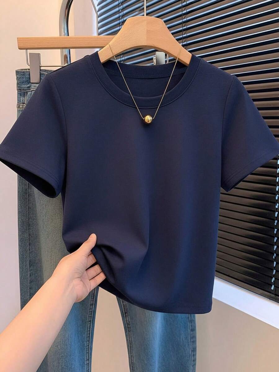 Summer New White Square Neck Round Collar T-Shirt, Petite Short Length White Slim Fit Short Sleeve Versatile Essential Women's Slim Fit Short Casual - Navy Blue - View 1