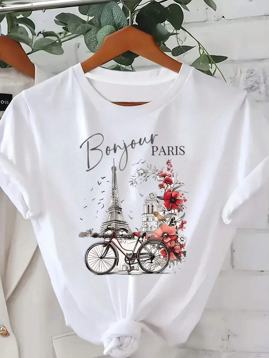 Floral Print And Bicycle Graphic And "Bonjour Paris" Lettering, White Crew Neck T-Shirt, Machine Washable, All-Season Comfort, Travel-Themed Clothing, T-Shirt - 白色 - 查看 1