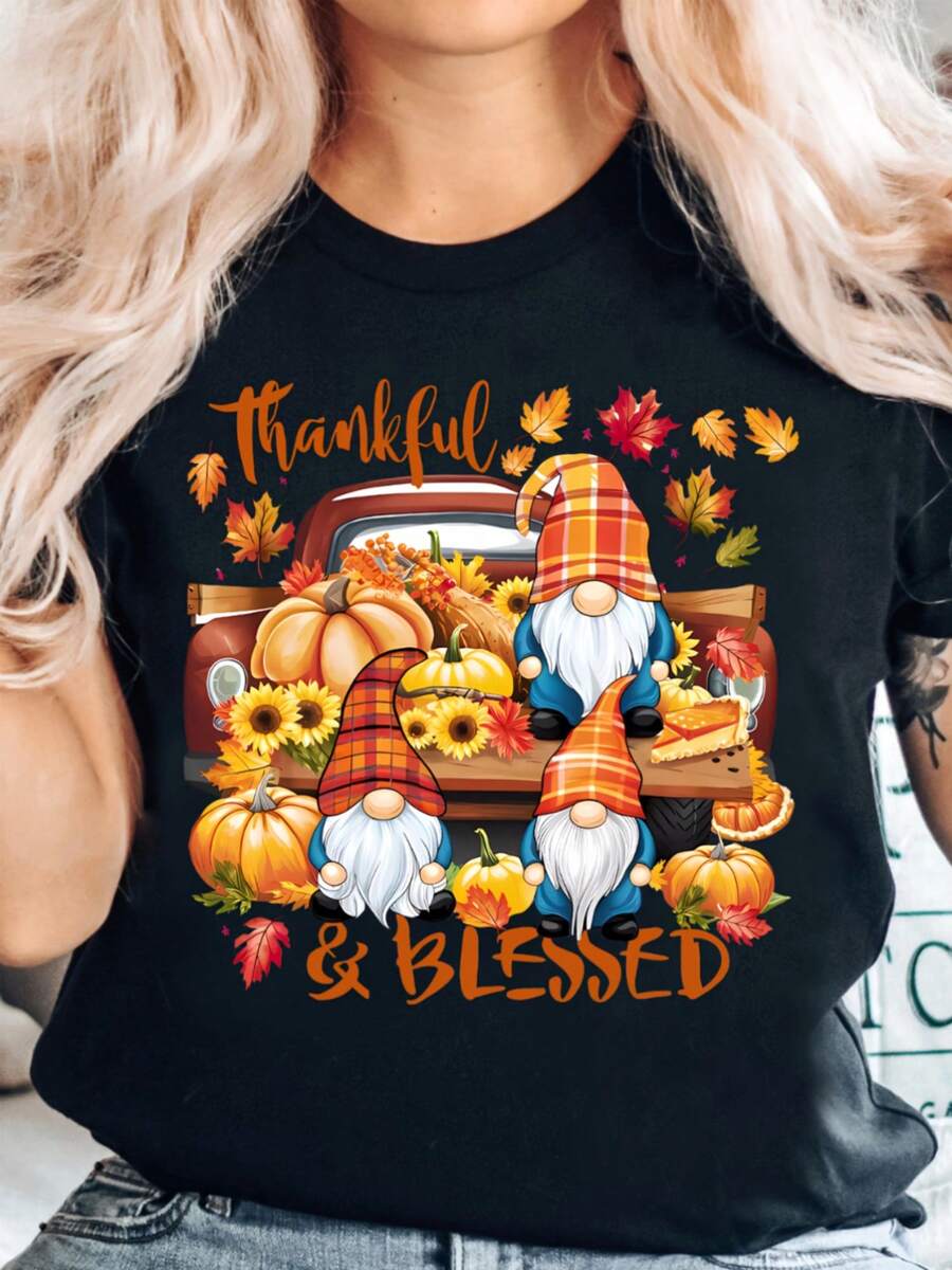 Regalo de Acción de Gracias, Gnomo de Otoño, Calabaza, Hoja de Arce, Girasol, Camiseta con Estampado de Cosecha Otoñal - negro - Ver 1