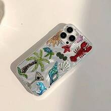 1pc Lobster Dolphin Coconut Tree Starfish Shell Ocean Pattern Premium Feel Feather Tulle IMD Full Coverage Shockproof Fashion Phone Case Compatible With IPhone17 16 15 14 13 12 11proamx/Plus 7/8/Air Anti-Fingerprint Protective Cover - Multicolor - View 2