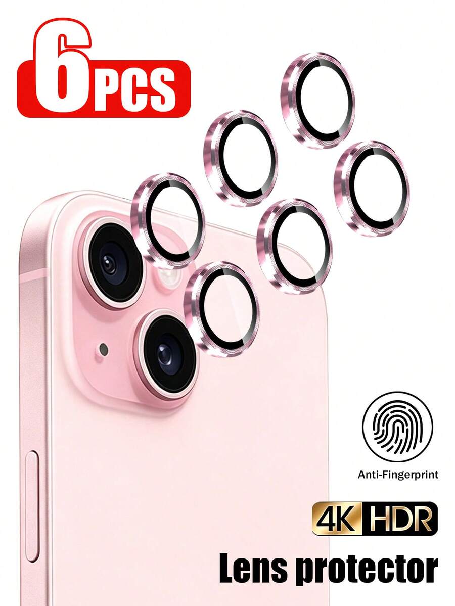 6pcs Phone 17 Pro/17 Pro Max Lens Protector, High Definition Tempered Glass With Metal Lens Protection Ring, Pink Fashion Color, Durable Phone Camera Protection Accessory - Pink - View 1
