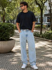 Balao Men's Pants Primum Oversize Plain Basic Wide Leg Jeans Without Lycra - 大理石紋水洗 - 查看 2