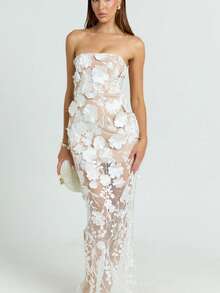 Women's Strapless Dress With Three-Dimensional Flowers, French Style, Luxurious, Lightweight, Elegant, Ideal For Parties, Ladies, Summer, Casual Fashion, New Collection - 白色 - 查看 6