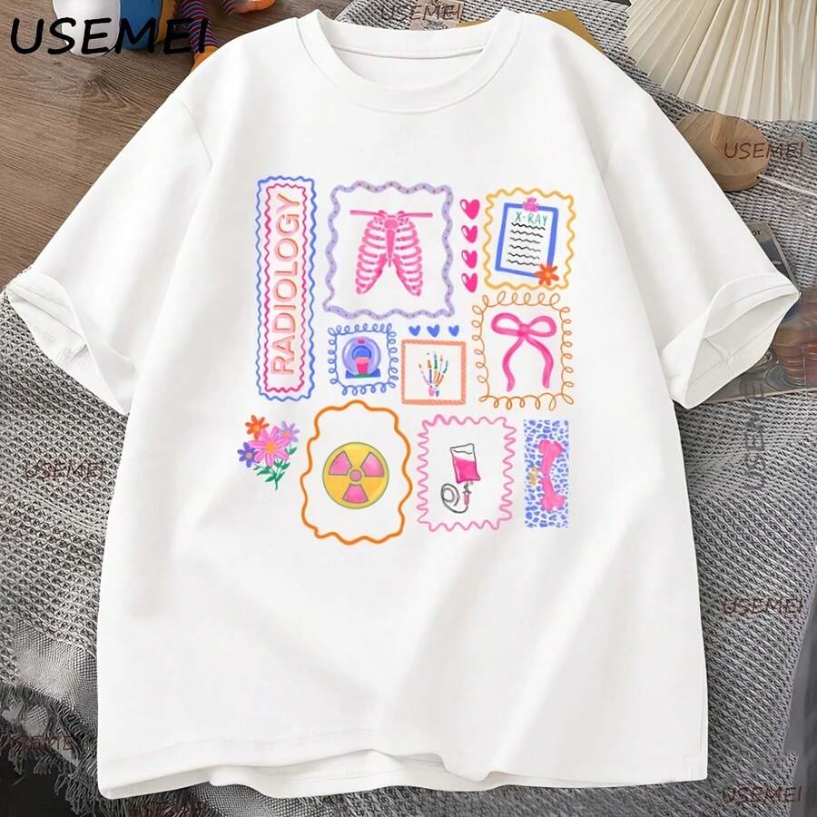 Radiology T-Shirt, Rad Tech Radiologist T-Shirt, Casual Short Sleeve Cotton T-Shirt For Men And Women, Streetwear, Graphic Tees, Clothing - 彩色 - 查看 1