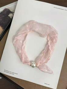 1pc New Solid Color Small Floral Print Wavy Edge Silk Scarf With Pearl Magnetic Buckle - Multicolor - View 3