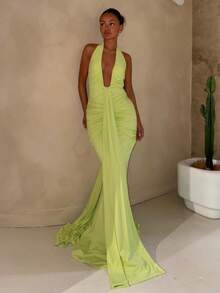 Vestido largo plisado cuello V profundo espalda descubierta ajustado sexy estilo europeo moda verano - Verde - Ver 4