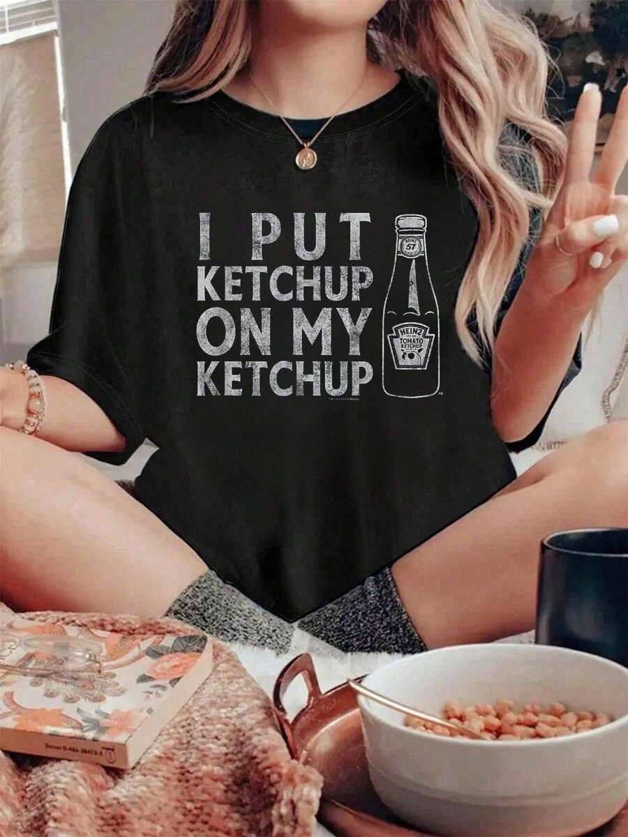 Camiseta de Verano para Mujer 100% Algodón con Estampado de Tomate y Ketchup "I Put Ketchup On My Ketchup" - Negro - Ver 1