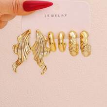 1 Set 9 Pares/3 Pares Pendientes de Textura Asimétrica Dorada & Pendientes de Mariposa Abstracta, Joyería de Estilo Callejero Apilable para Mujeres Y2K - Amarillo Oro - Ver 6