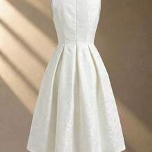 Vestido de longitud media sin mangas de tela jacquard ligera para mujer, elegante y favorecedor, adecuado para que las mujeres de 20 a 35+ años lo usen en fiestas - Rosa - Ver 3