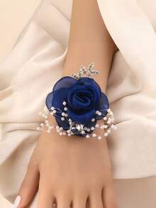 1PC/6PCS Elegant Navy Blue Rose Korean Style Silver Leaf Beaded Elastic Pearl Wrist Decor Flower - Navy Blue - View 12