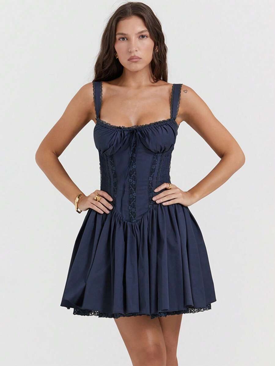 Vestido tipo A estilo ballet sin mangas con tirantes y encaje combinado, elegante y casual para mujer estilo europeo - Azul Marino - Ver 1