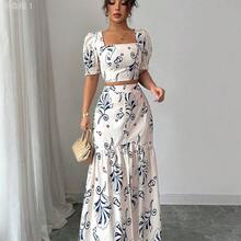 jianchaimaoyi02  Conjunto de 2 piezas con blusa de manga corta con diseño de puño y estampado floral + falda con abertura en el bajo, elegante para vacaciones y uso diario - Marrón - Ver 5