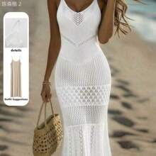 xuehuamaoyi02  Holidaya Nuevos vestidos de verano para mujer, vestido maxi de punto calado beige - tirantes finos, escote en V, patrón de encaje en capas, cintura ajustada, - Blanco - Ver 1