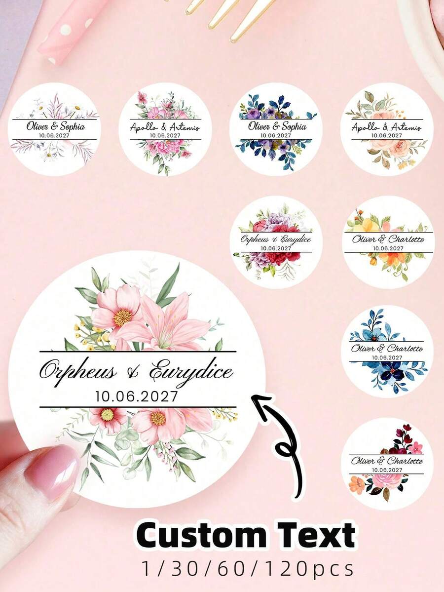 1/30/60/120pcs Customized Wedding Stickers: Editable Round Labels, Waterproof And Oil-Resistant, Perfect For Decorating Balloons, Chair Backs And Banquet Tables, Suitable For Wedding, Personal Party, Couple Anniversary, Personalized Gift - Multicolor - View 1