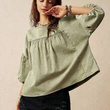 Blusa holgada de manga abullonada para vacaciones, verde - Negro01 - Ver 5