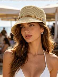 1pc Women's Straw Hat, Polyester Bohemian Style, Solid Color, Sun Protection, Breathable, Vintage, Suitable For Outdoor Daily Use,Beach,Travel - Multicolor - View 9