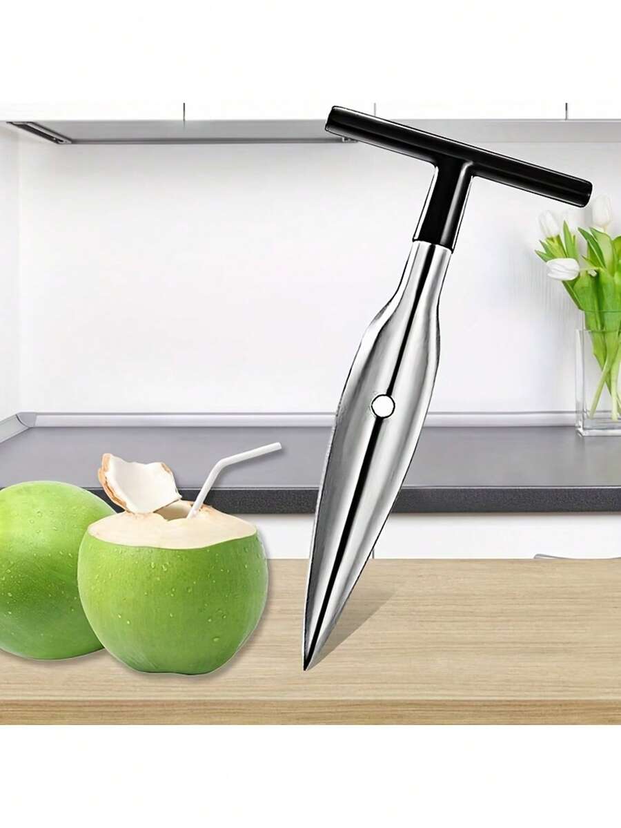 Stainless Steel Coconut Opener With T-Shaped Handle, Professional Tool For Opening Young Coconuts, Easy-To-Use Fresh Coconut Drink Extractor, Kitchen Tool