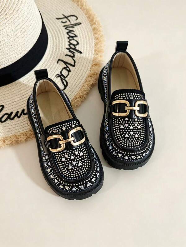 1 Pair Girls' Rhinestone Shiny Decor Wear-Resistant Round Toe Low-Top Thick Sole Slip-On Flat Loafers, Suitable For School, Daily Wear And Party Outfits