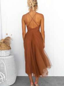Women's Elegant European-Style Sheer Mesh Dress With Straps, Perfect For Dinner Parties, A New Fashion , And A Stylish, Feminine Casual Dress. - 黃色 - 查看 5