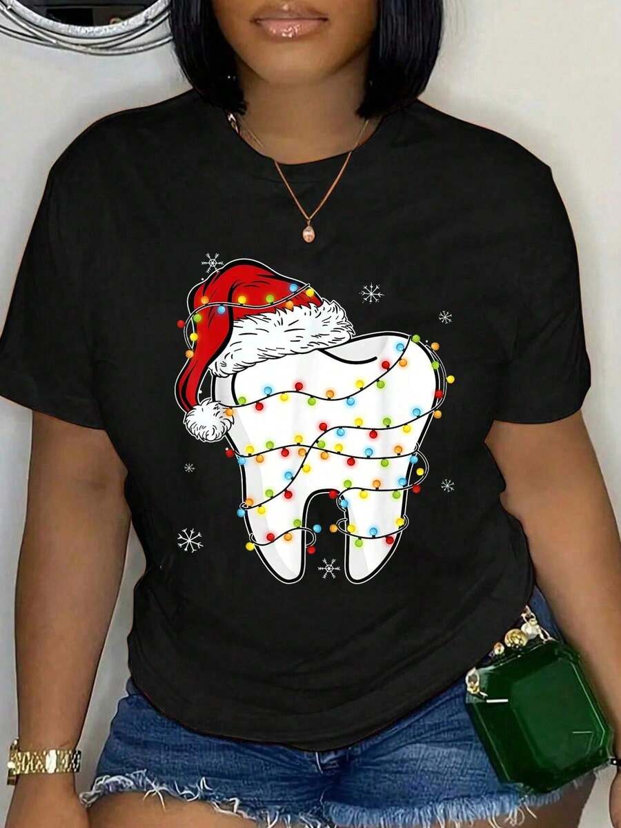 Men's And Women's 100% Cotton Graphic T-Shirt With Christmas Print, Teeth, Dentist, Christmas Lights, Santa Hat And Pajamas, Round Neck, Black, For Summer - 黑色 - 查看 1
