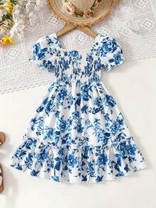 Girls' Sweet Heart Pattern Dress With Puff Sleeves, Ruffle Trim And Flounce Hem, Princess Dress For Summer Beach Holiday Party - Royal Blue - View 9