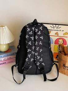 Set de 3 piezas de mochila con estampado de lazo de nylon, mochila plegable con múltiples bolsillos y gran capacidad con cremallera, adecuada para adolescentes y estudiantes de secundaria - Negro - Ver 4