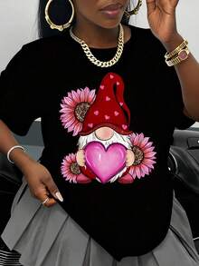 Women's Valentine's Day T-Shirt With Adorable Gnome Holding A Pink Heart With Sunflowers, White Garden Gnome Design T-Shirt, Valentine's Day Gift For Love - 黑色 - 查看 1