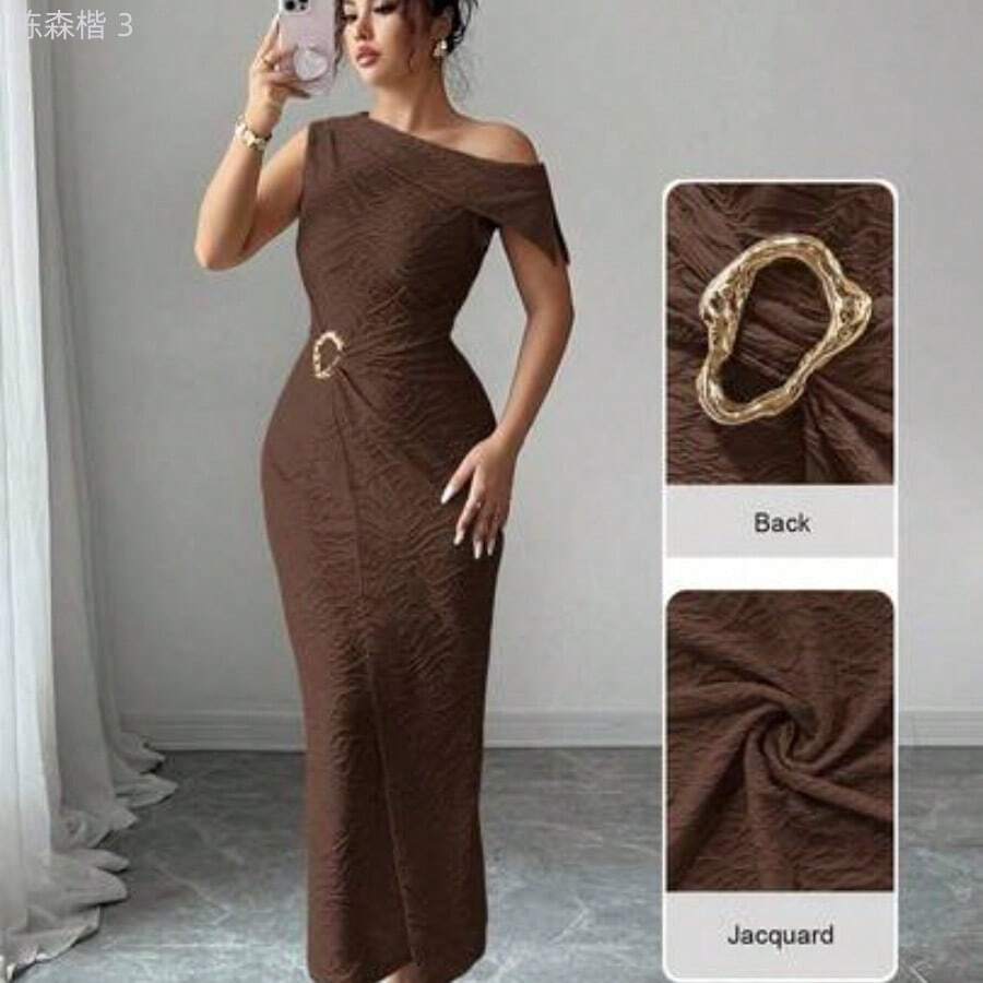 yonghongmaoyi1 Vestido sin mangas con decoración de metal texturizado para mujeres - Café integral - Ver 1