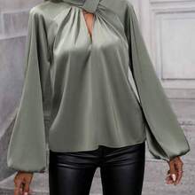 Clasi Camisa casual sólida de manga larga y sencilla con diseño hueco para mujer - Verde militar - Ver 6