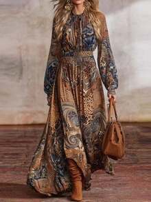 REFRESH YOUR WARDROBE NOW! Women's Boho Dress, Balloon Sleeves, Full Skirt, Bohemian Print, Figure-Flattering, Best Seller, Perfect For Vacations, Parties, Summer Looks - 駝色 - 查看 5