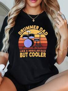 1 Camiseta de Talla Grande para Mujer con Estampado 'Baterista Papá Como un Papá Normal Pero Más Genial', Manga Corta, 220g, 100% Poliéster, Estilo Casual con Cuello Redondo - Negro - Ver 1