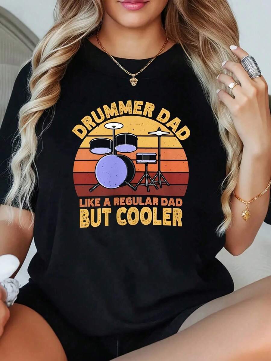 1 Camiseta de Talla Grande para Mujer con Estampado 'Baterista Papá Como un Papá Normal Pero Más Genial', Manga Corta, 220g, 100% Poliéster, Estilo Casual con Cuello Redondo - Negro - Ver 1
