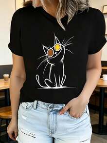 Modern T-Shirt With Eye-Catching Cartoon Animal Designs: A Uniquely Designed And Comfortable Women's Youth Garment, Available In Various Styles Including Rabbit, Dog, Hedgehog, Cat And Bear. - Black 2 - View 1