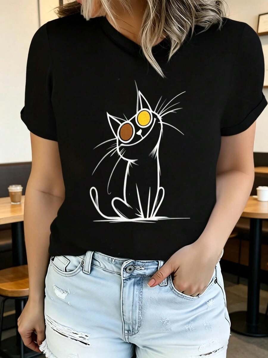 Modern T-Shirt With Eye-Catching Cartoon Animal Designs: A Uniquely Designed And Comfortable Women's Youth Garment, Available In Various Styles Including Rabbit, Dog, Hedgehog, Cat And Bear. - Black 2 - View 1