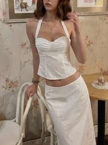 VIBEWAVE Summer French Polka Dot Print Camisole Loose Top A-Line Skirt Charming Romantic Fashion Set - White - View 1