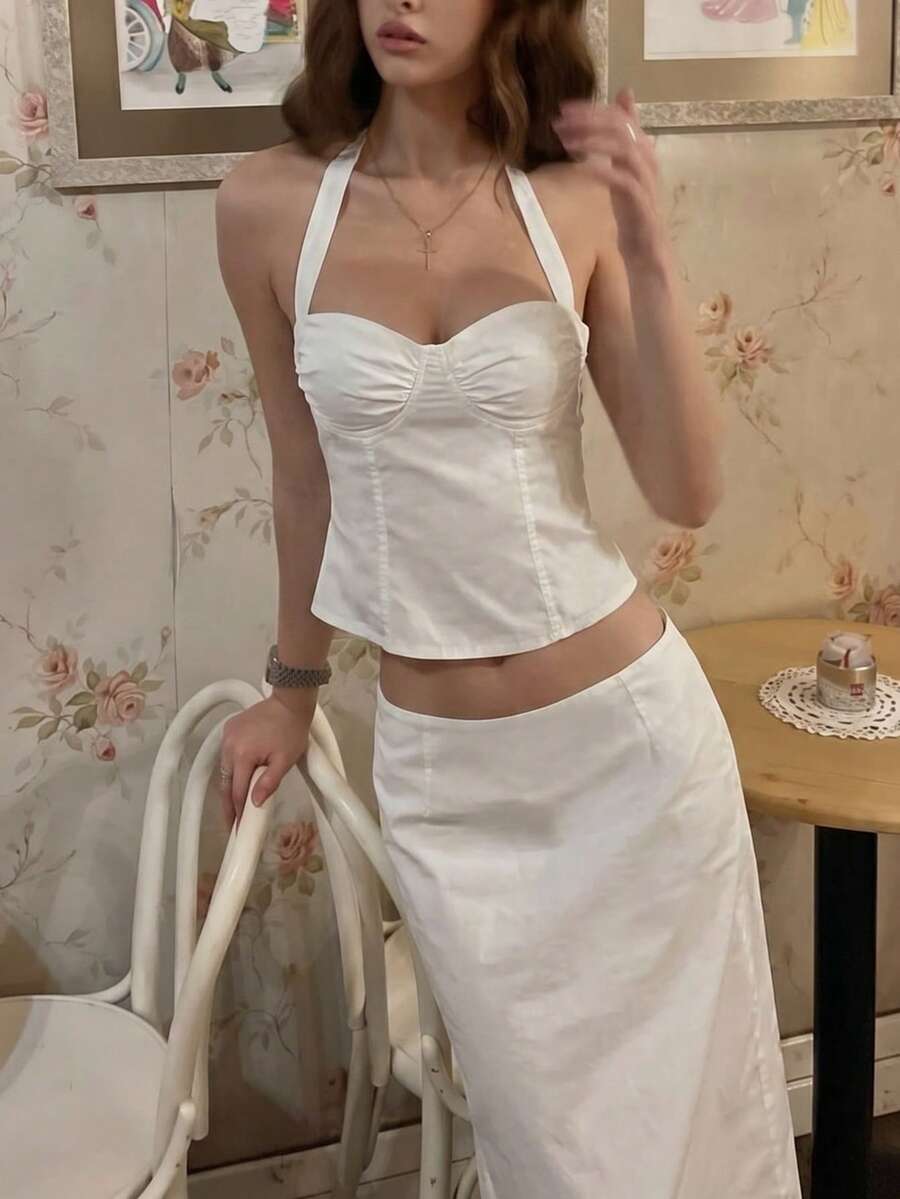 VIBEWAVE Summer French Polka Dot Print Camisole Loose Top A-Line Skirt Charming Romantic Fashion Set - White - View 1