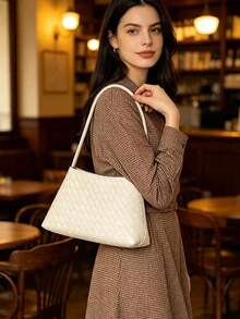 Women's Fashion Woven Underarm Bag, Minimalist Tote Handbag, Solid Color, Versatile Shoulder Handbag, Suitable For Daily Wear - White - View 8