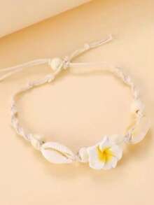 1pc New Bohemian Style Beach Anklet, Hand-Woven Polymer Clay Flower & Shell Anklet Jewelry - Yellow - View 2