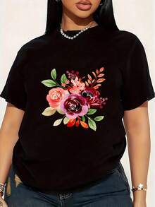 Hermosa camiseta de talla grande para mujer con estampado de ramo de flores en acuarela color melocotón, 1 pieza, divertida, de manga corta, con diseño gráfico, novedosa, 100% algodón, infor - Negro - Ver 1