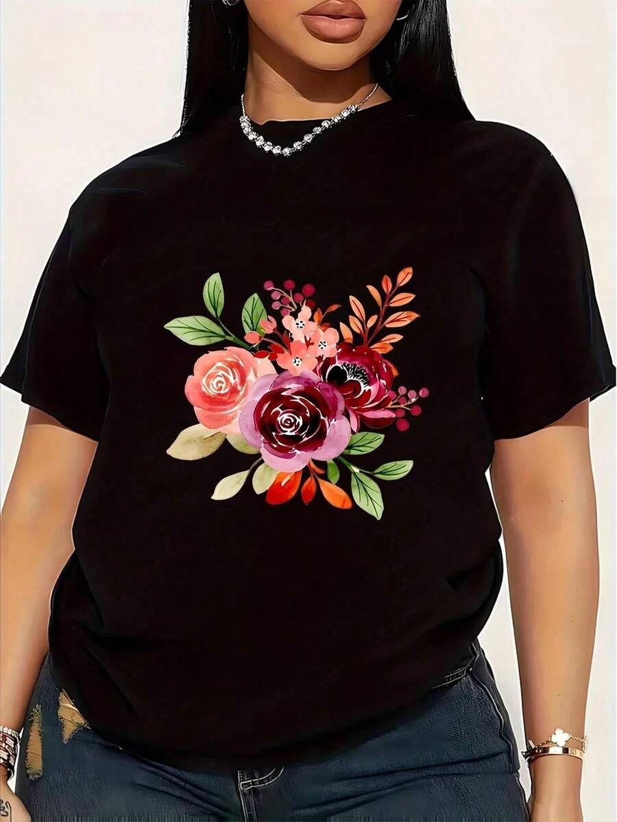 Hermosa camiseta de talla grande para mujer con estampado de ramo de flores en acuarela color melocotón, 1 pieza, divertida, de manga corta, con diseño gráfico, novedosa, 100% algodón, infor - Negro - Ver 1