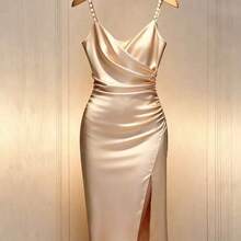 Elegante vestido ajustado de color champán con cuello cruzado francés romántico, cintura ceñida y adorno de perlas con abertura - Rosa - Ver 5