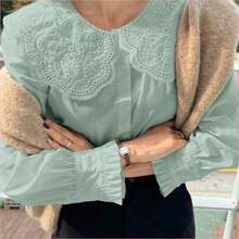 WNS  Camisa de manga larga con cuello Peter Pan bordado, de estilo patchwork y calado, para el verano - verde menta - Ver 1