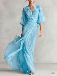 Long Dress With Deep V-Neck, Lantern Sleeves, Fitted, Ladylike Style, Autumn Party - 藍色 - 查看 5