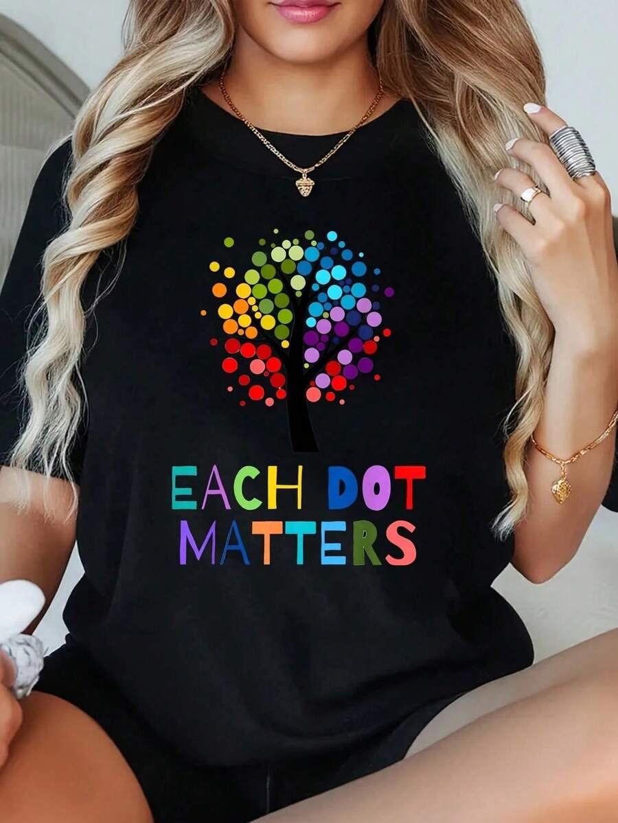 1 Piece Women's Plus Size T-Shirt With Unity Tree Graphic Print And Colorful Dots, Short Sleeve, 220g, 100% Polyester, Casual Style With Round Neck - Black - View 1
