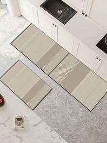 1pc Soft Rubber Absorbent Kitchen Rug, 3.5mm Thick Absorbent Mat Large Or Small Size, Japanese Minimalist Style, Modern Simple Cream Wood Style, Low Saturation Beige, Light Khaki, Warm Brown Earth Tones, Different Texture Lines, Light Patterns And Minimalist Checkerboard Patchwork Room Decor Rug, Can Be Cut To Fit Kitchen Size - Multicolor - View 2