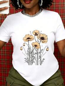 Camiseta Blanca con Diseño Floral de Amapola para Mujer, Top Casual de Verano, Camiseta Gráfica Inspirada en la Naturaleza, Ligera y Cómoda de Algodón para Uso Diario, Regalo para Amantes de - Blanco - Ver 1