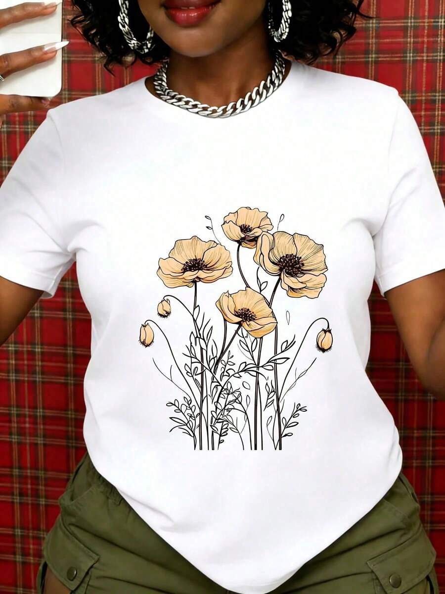 Camiseta Blanca con Diseño Floral de Amapola para Mujer, Top Casual de Verano, Camiseta Gráfica Inspirada en la Naturaleza, Ligera y Cómoda de Algodón para Uso Diario, Regalo para Amantes de - Blanco - Ver 1