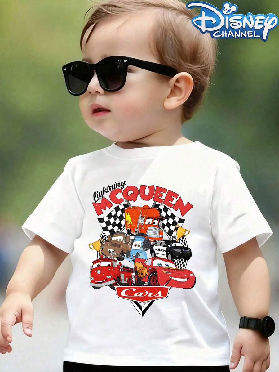 Disney Short-Sleeved T-Shirts Featuring Lightning McQueen From Cars, Suitable For Boys And Girls To Wear At School, Outdoor Activities,And Disneyland. - White - View 1