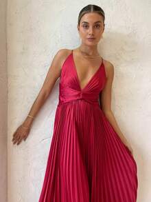 New European-American Spring-Summer 2026 Midi-Party Dress, Pleated, V-Neck, Straps, Wide Skirt - 紅色 - 查看 8